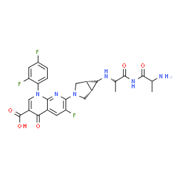 ChemSpider 2D Image | 7-[(1R,5S)-6-({(2R)-1-[(2-Aminopropanoyl)amino]-1-oxo-2-propanyl}amino)-3-azabicyclo[3.1.0]hex-3-yl]-1-(2,4-difluorophenyl)-6-fluoro-4-oxo-1,4-dihydro-1,8-naphthyridine-3-carboxylic acid (non-preferre
d name) | C26H25F3N6O5
