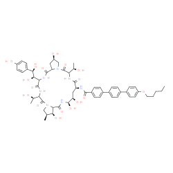 ChemSpider 2D Image | N-{(2R,9S,11R,12R,15S,16S)-23-[(1R,2R)-1,2-Dihydroxy-2-(4-hydroxyphenyl)ethyl]-2,11,12,15-tetrahydroxy-6,20-bis[(1R)-1-hydroxyethyl]-16-methyl-5,8,14,19,22,25-hexaoxotetracosahydro-1H-dipyrrolo[2,1-c:
2',1'-l][1,4,7,10,13,16]hexaazacyclohenicosin-9-yl}-4''-(pentyloxy)-1,1':4',1''-terphenyl-4-carboxamide | C58H73N7O17