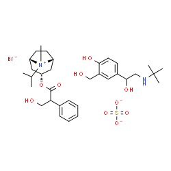 ChemSpider 2D Image | 4-[2-(tert-butylamino)-1-hydroxy-ethyl]-2-(hydroxymethyl)phenol; [(1S,5R)-8-isopropyl-8-methyl-8-azoniabicyclo[3.2.1]octan-3-yl] 3-hydroxy-2-phenyl-propanoate; bromide; sulfate | C33H51BrN2O10S