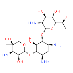 ChemSpider 2D Image | (1S,2S,3R,4S,6R)-4,6-Diamino-3-({2-amino-2-deoxy-5-[(1S)-1-hydroxyethyl]-alpha-D-xylopyranosyl}oxy)-2-hydroxycyclohexyl 3-deoxy-4-C-methyl-3-(methylamino)-beta-L-arabinopyranoside | C20H40N4O10
