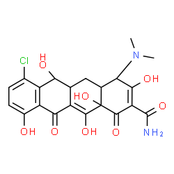 ChemSpider 2D Image | 7-Chloro-4-(dimethylamino)-3,6,10,12,12a-pentahydroxy-1,11-dioxo-1,4,4a,5,5a,6,11,12a-octahydro-2-tetracenecarboxamide | C21H21ClN2O8