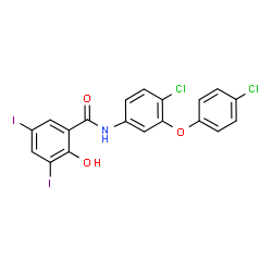 ChemSpider 2D Image | N-[4-Chloro-3-(4-chlorophenoxy)phenyl]-2-hydroxy-3,5-diiodobenzamide | C19H11Cl2I2NO3