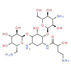 ChemSpider 2D Image | 4-Amino-N-{(1R,2R,3S,5S)-5-amino-4-[(6-amino-6-deoxy-alpha-D-galactopyranosyl)oxy]-2-[(3-amino-3-deoxy-alpha-D-glucopyranosyl)oxy]-3-hydroxycyclohexyl}-2-hydroxybutanamide | C22H43N5O13