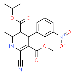ChemSpider 2D Image | 3-Isopropyl 5-methyl 6-cyano-2-methyl-4-(3-nitrophenyl)-1,2,3,4-tetrahydro-3,5-pyridinedicarboxylate | C19H21N3O6