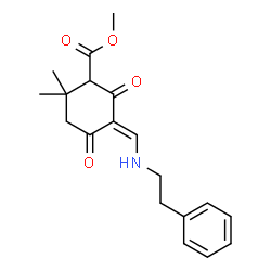 ChemSpider 2D Image | Methyl (5E)-2,2-dimethyl-4,6-dioxo-5-{[(2-phenylethyl)amino]methylene}cyclohexanecarboxylate | C19H23NO4