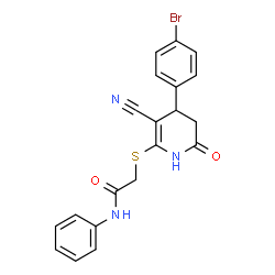 ChemSpider 2D Image | 2-{[4-(4-Bromophenyl)-3-cyano-6-oxo-1,4,5,6-tetrahydro-2-pyridinyl]sulfanyl}-N-phenylacetamide | C20H16BrN3O2S