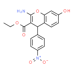ChemSpider 2D Image | Ethyl 2-amino-7-hydroxy-4-(4-nitrophenyl)-4H-chromene-3-carboxylate | C18H16N2O6