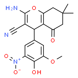 ChemSpider 2D Image | 2-Amino-4-(4-hydroxy-3-methoxy-5-nitrophenyl)-7,7-dimethyl-5-oxo-5,6,7,8-tetrahydro-4H-chromene-3-carbonitrile | C19H19N3O6
