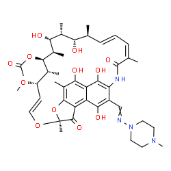 ChemSpider 2D Image | (7S,9E,11S,12R,13S,14R,15R,16R,17S,18S,19E,21Z)-2,15,17,27,29-Pentahydroxy-11-methoxy-3,7,12,14,16,18,22-heptamethyl-26-{[(4-methyl-1-piperazinyl)imino]methyl}-6,23-dioxo-8,30-dioxa-24-azatetracyclo[2
3.3.1.1~4,7~.0~5,28~]triaconta-1(28),2,4,9,19,21,25(29),26-octaen-13-yl acetate | C43H58N4O12