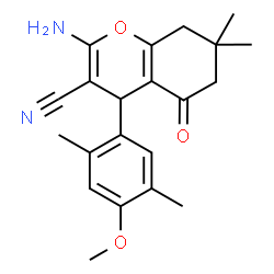 ChemSpider 2D Image | 2-Amino-4-(4-methoxy-2,5-dimethylphenyl)-7,7-dimethyl-5-oxo-5,6,7,8-tetrahydro-4H-chromene-3-carbonitrile | C21H24N2O3