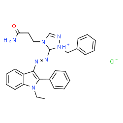 ChemSpider 2D Image | 4-(3-Amino-3-oxopropyl)-1-benzyl-5-[(1-ethyl-2-phenyl-1H-indol-3-yl)diazenyl]-4,5-dihydro-1H-1,2,4-triazol-1-ium chloride | C28H30ClN7O