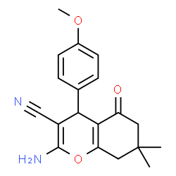 ChemSpider 2D Image | 2-Amino-4-(4-methoxyphenyl)-7,7-dimethyl-5-oxo-5,6,7,8-tetrahydro-4H-chromene-3-carbonitrile | C19H20N2O3