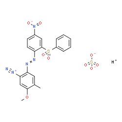 ChemSpider 2D Image | 5-Methoxy-4-methyl-2-{[4-nitro-2-(phenylsulfonyl)phenyl]diazenyl}benzenediazonium hydrogen sulfate (1:1:1) | C20H17N5O9S2