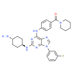 ChemSpider 2D Image | [4-({2-[(trans-4-Aminocyclohexyl)amino]-9-(3-fluorophenyl)-9H-purin-6-yl}amino)phenyl](1-piperidinyl)methanone | C29H33FN8O