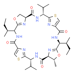 ChemSpider 2D Image | (4S,7R,8S,11R,22S,25R)-4,18-Di[(2S)-2-butanyl]-11,25-diisopropyl-7-methyl-6,20-dioxa-13,27-dithia-3,10,17,24,29,30,31,32-octaazapentacyclo[24.2.1.1~5,8~.1~12,15~.1~19,22~]dotriaconta-1(28),5(32),12(31
),14,19(30),26(29)-hexaene-2,9,16,23-tetrone | C35H50N8O6S2