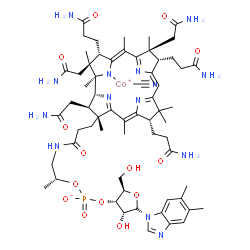 ChemSpider 2D Image | cyano-[(1R,2S,3S,4Z,7S,8S,9Z,13S,14Z,17R,18R,19R)-2,7,18-tris(2-amino-2-oxo-ethyl)-3,8,13-tris(3-amino-3-oxo-propyl)-17-[3-[[(2R)-2-[[(2R,3S,4R)-5-[(1R)-5,6-dimethylbenzimidazol-1-yl]-4-hydroxy-2-(hydroxymethyl)tetrahydrofuran-3-yl]oxy-oxido-phosphoryl]oxypropyl]amino]-3-oxo-propyl]-1,2,5,7,12,12,15,17-octamethyl-8,13,18,19-tetrahydro-3H-corrin-21-yl]cobalt(1+) | C63H88CoN14O14P