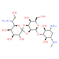 ChemSpider 2D Image | (3'R,3aS,4S,4'S,5'R,6R,6'R,7S,7aS)-4-{[(1R,2S,3R,5S,6R)-3-Amino-2,6-dihydroxy-5-(methylamino)cyclohexyl]oxy}-6'-[(1R)-1-amino-2-hydroxyethyl]-6-(hydroxymethyl)octahydro-4H-spiro[1,3-dioxolo[4,5-c]pyra
n-2,2'-pyran]-3',4',5',7-tetrol | C20H37N3O13