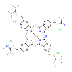 ChemSpider 2D Image | {[(29H,31H-Phthalocyanine-2,9,16,23-tetrayl-kappa~2~N~29~,N~31~)tetrakis(methylenesulfanediyl)]tetrakis[(dimethylamino)-N,N-dimethylmethaniminiumato](2-)}copper(4+) tetrachloride | C56H68Cl4CuN16S4