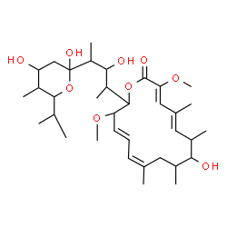 ChemSpider 2D Image | 2,4-Dideoxy-1-C-{3-hydroxy-4-[(4E,6Z,12E,14Z)-10-hydroxy-3,15-dimethoxy-7,9,11,13-tetramethyl-16-oxooxacyclohexadeca-4,6,12,14-tetraen-2-yl]-2-pentanyl}-5-isopropyl-4-methylpentopyranose | C35H58O9
