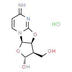 ChemSpider 2D Image | (2R,3R,3aS,9aR)-3-(Hydroxymethyl)-6-imino-2,3,3a,9a-tetrahydro-6H-furo[2',3':4,5][1,3]oxazolo[3,2-a]pyrimidin-2-ol hydrochloride (1:1) | C9H12ClN3O4