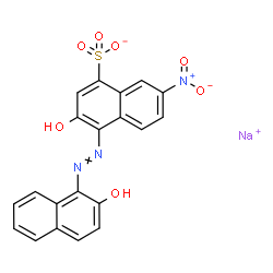 ChemSpider 2D Image | Sodium 3-hydroxy-4-[(2-hydroxy-1-naphthyl)diazenyl]-7-nitro-1-naphthalenesulfonate | C20H12N3NaO7S