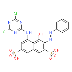 ChemSpider 2D Image | 5-[(4,6-Dichloro-1,3,5-triazin-2-yl)amino]-4-hydroxy-3-(phenyldiazenyl)-2,7-naphthalenedisulfonic acid | C19H12Cl2N6O7S2