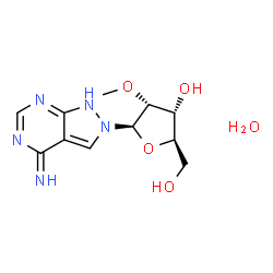ChemSpider 2D Image | 2-(2-O-Methyl-beta-D-ribofuranosyl)-2H-pyrazolo[3,4-d]pyrimidin-4-amine hydrate (1:1) | C11H17N5O5