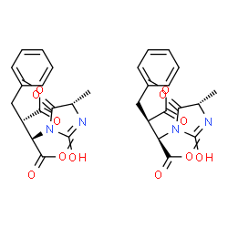 ChemSpider 2D Image | Dimethyl (2R,3R)-2-benzyl-3-[(4S)-4-methyl-2,5-dioxo-1-imidazolidinyl]succinate - dimethyl (2S,3S)-2-benzyl-3-[(4S)-4-methyl-2,5-dioxo-1-imidazolidinyl]succinate (1:1) | C34H40N4O12