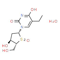 ChemSpider 2D Image | 5-Ethyl-1-[(2R,4S,5R)-4-hydroxy-5-(hydroxymethyl)-1-oxidotetrahydro-2-thiophenyl]-2,4(1H,3H)-pyrimidinedione hydrate (1:1) | C11H18N2O6S