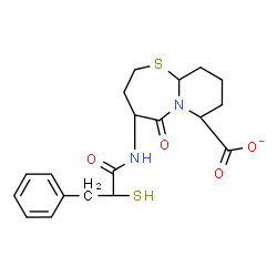 ChemSpider 2D Image | 5-Oxo-4-[(3-phenyl-2-sulfanylpropanoyl)amino]octahydro-7H-pyrido[2,1-b][1,3]thiazepine-7-carboxylate | C19H23N2O4S2
