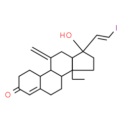 ChemSpider 2D Image | 13-Ethyl-17-hydroxy-17-[(E)-2-iodovinyl]-11-methylene-1,2,6,7,8,9,10,11,12,13,14,15,16,17-tetradecahydro-3H-cyclopenta[a]phenanthren-3-one | C22H29IO2