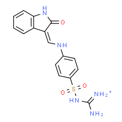 ChemSpider 2D Image | Amino{[(4-{[(Z)-(2-oxo-1,2-dihydro-3H-indol-3-ylidene)methyl]amino}phenyl)sulfonyl]amino}methaniminium | C16H16N5O3S