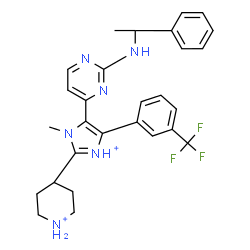 ChemSpider 2D Image | 4-(1-Methyl-5-{2-[(1-phenylethyl)amino]-4-pyrimidinyl}-4-[3-(trifluoromethyl)phenyl]-1H-imidazol-3-ium-2-yl)piperidinium | C28H31F3N6
