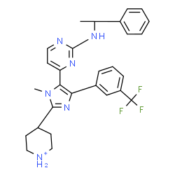 ChemSpider 2D Image | 4-(1-Methyl-5-{2-[(1-phenylethyl)amino]-4-pyrimidinyl}-4-[3-(trifluoromethyl)phenyl]-1H-imidazol-2-yl)piperidinium | C28H30F3N6