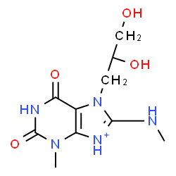 ChemSpider 2D Image | 7-(2,3-Dihydroxypropyl)-3-methyl-8-(methylamino)-2,6-dioxo-2,3,6,7-tetrahydro-1H-purin-9-ium | C10H16N5O4