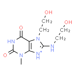 ChemSpider 2D Image | 7-(2-Hydroxyethyl)-8-[(2-hydroxyethyl)amino]-3-methyl-2,6-dioxo-2,3,6,7-tetrahydro-1H-purin-9-ium | C10H16N5O4