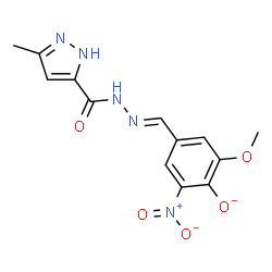 ChemSpider 2D Image | 2-Methoxy-4-[(E)-{[(3-methyl-1H-pyrazol-5-yl)carbonyl]hydrazono}methyl]-6-nitrophenolate | C13H12N5O5