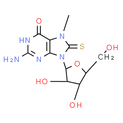 ChemSpider 2D Image | 2-Amino-7-methyl-9-pentofuranosyl-8-thioxo-1,7,8,9-tetrahydro-6H-purin-6-one | C11H15N5O5S