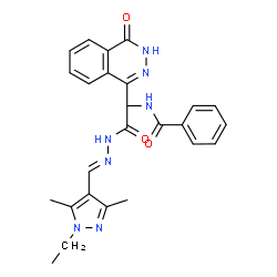 ChemSpider 2D Image | N-[2-{(2E)-2-[(1-Ethyl-3,5-dimethyl-1H-pyrazol-4-yl)methylene]hydrazino}-2-oxo-1-(4-oxo-3,4-dihydro-1-phthalazinyl)ethyl]benzamide | C25H25N7O3