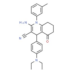 ChemSpider 2D Image | 2-Amino-4-[4-(diethylamino)phenyl]-1-(3-methylphenyl)-5-oxo-1,4,5,6,7,8-hexahydro-3-quinolinecarbonitrile | C27H30N4O