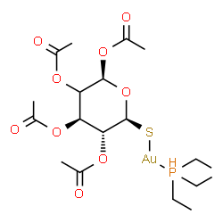 ChemSpider 2D Image | [6-(Sulfanyl-kappaS)tetrahydro-2H-pyran-2,3,4,5-tetrayl tetraacetatato](triethylphosphoranyl)gold | C19H33AuO9PS