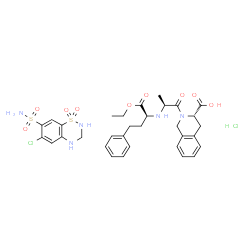 ChemSpider 2D Image | (3S)-2-{N-[(1S)-1-(ethoxycarbonyl)-3-phenylpropyl]-L-alanyl}-1,2,3,4-tetrahydroisoquinoline-3-carboxylic acid - 6-chloro-3,4-dihydro-2H-1,2,4-benzothiadiazine-7-sulfonamide 1,1-dioxide (1:1) hydrochloride | C32H39Cl2N5O9S2