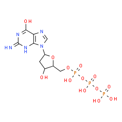 ChemSpider 2D Image | 2-Amino-9-[2-deoxy-5-O-(hydroxy{[hydroxy(phosphonooxy)phosphoryl]oxy}phosphoryl)pentofuranosyl]-1,9-dihydro-6H-purin-6-one | C10H16N5O13P3