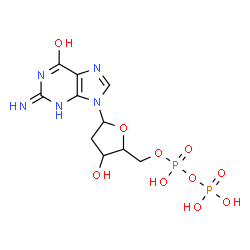 ChemSpider 2D Image | 2-Amino-9-{2-deoxy-5-O-[hydroxy(phosphonooxy)phosphoryl]pentofuranosyl}-1,9-dihydro-6H-purin-6-one | C10H15N5O10P2