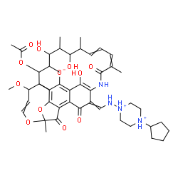ChemSpider 2D Image | 13-Acetoxy-26-{[(4-cyclopentyl-1-piperazinediiumyl)amino]methylene}-15,17,29-trihydroxy-11-methoxy-3,7,12,14,16,18,22-heptamethyl-6,23,27-trioxo-8,30-dioxa-24-azatetracyclo[23.3.1.1~4,7~.0~5,28~]triac
onta-1(28),2,4,9,19,21,25(29)-heptaen-2-olate | C47H65N4O12