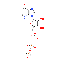 ChemSpider 2D Image | 6-Oxo-9-[5-O-({[(phosphonatooxy)phosphinato]oxy}phosphinato)pentofuranosyl]-6,9-dihydro-1H-purin-3-ium | C10H12N4O14P3