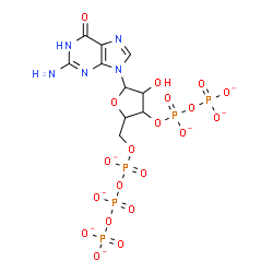 ChemSpider 2D Image | 2-Amino-9-{3-O-[(phosphonatooxy)phosphinato]-5-O-({[(phosphonatooxy)phosphinato]oxy}phosphinato)pentofuranosyl}-1,9-dihydro-6H-purin-6-one | C10H11N5O20P5