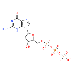ChemSpider 2D Image | 2-Amino-9-[2-deoxy-5-O-({[(phosphonatooxy)phosphinato]oxy}phosphinato)pentofuranosyl]-1,9-dihydro-6H-purin-6-one | C10H12N5O13P3
