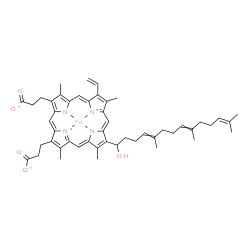 ChemSpider 2D Image | {3,3'-[8-(1-Hydroxy-5,9,13-trimethyl-4,8,12-tetradecatrien-1-yl)-3,7,12,17-tetramethyl-13-vinyl-2,18-porphyrindiyl-kappa~4~N~21~,N~22~,N~23~,N~24~]dipropanoato(4-)}iron | C49H56FeN4O5