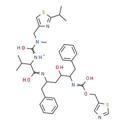 ChemSpider 2D Image | 1-[(4-Hydroxy-1,6-diphenyl-5-{[(1,3-thiazol-5-ylmethoxy)carbonyl]amino}-2-hexanyl)amino]-N-{[(2-isopropyl-1,3-thiazol-4-yl)methyl](methyl)carbamoyl}-3-methyl-1-oxo-2-butanaminium | C37H49N6O5S2